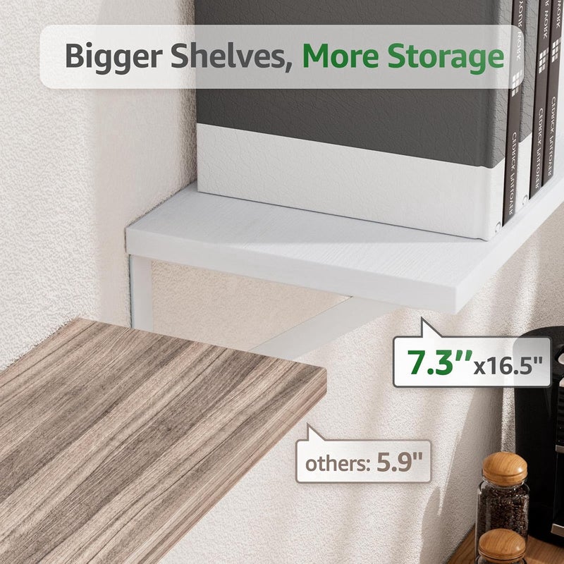 COCOYA Wall Shelves 7.3" Deep Set of 2, Solid Paulownia Wood Wider Longer Sturdy Easy to Install Wall Mounted Bookshelves Storage Shelves Bathroom Storage Office Laundry Room Bedroom Organizer White - Image 3